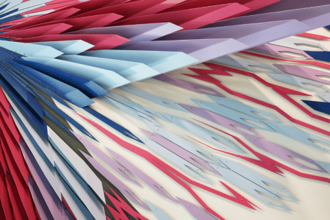 Close up of a mural mimicking bird wings in various colors