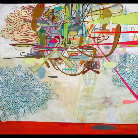 Painting of circular, diagonal, and webbed lines with a multicolor background