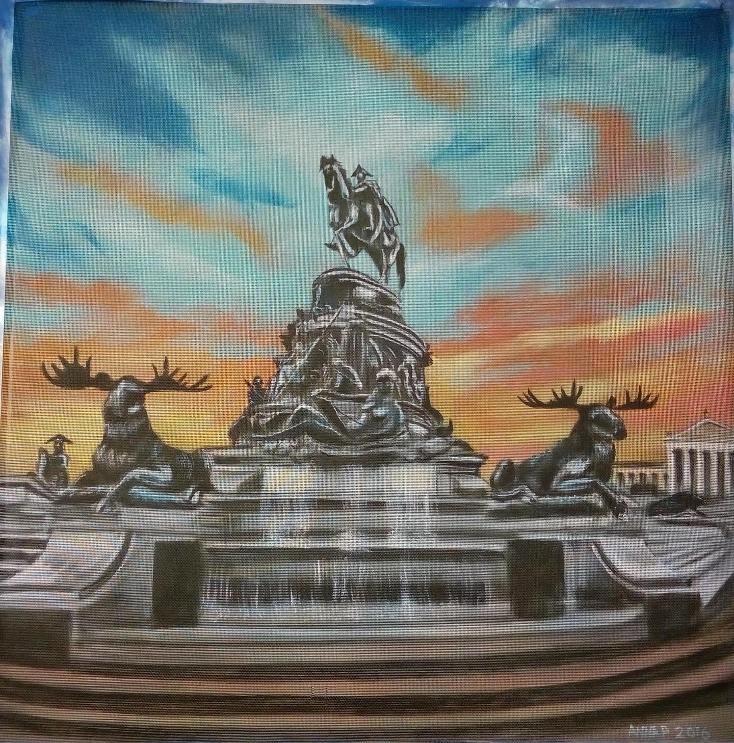 Painted window screen of the George Washington Monument Fountain at Philadelphia Museum of Art